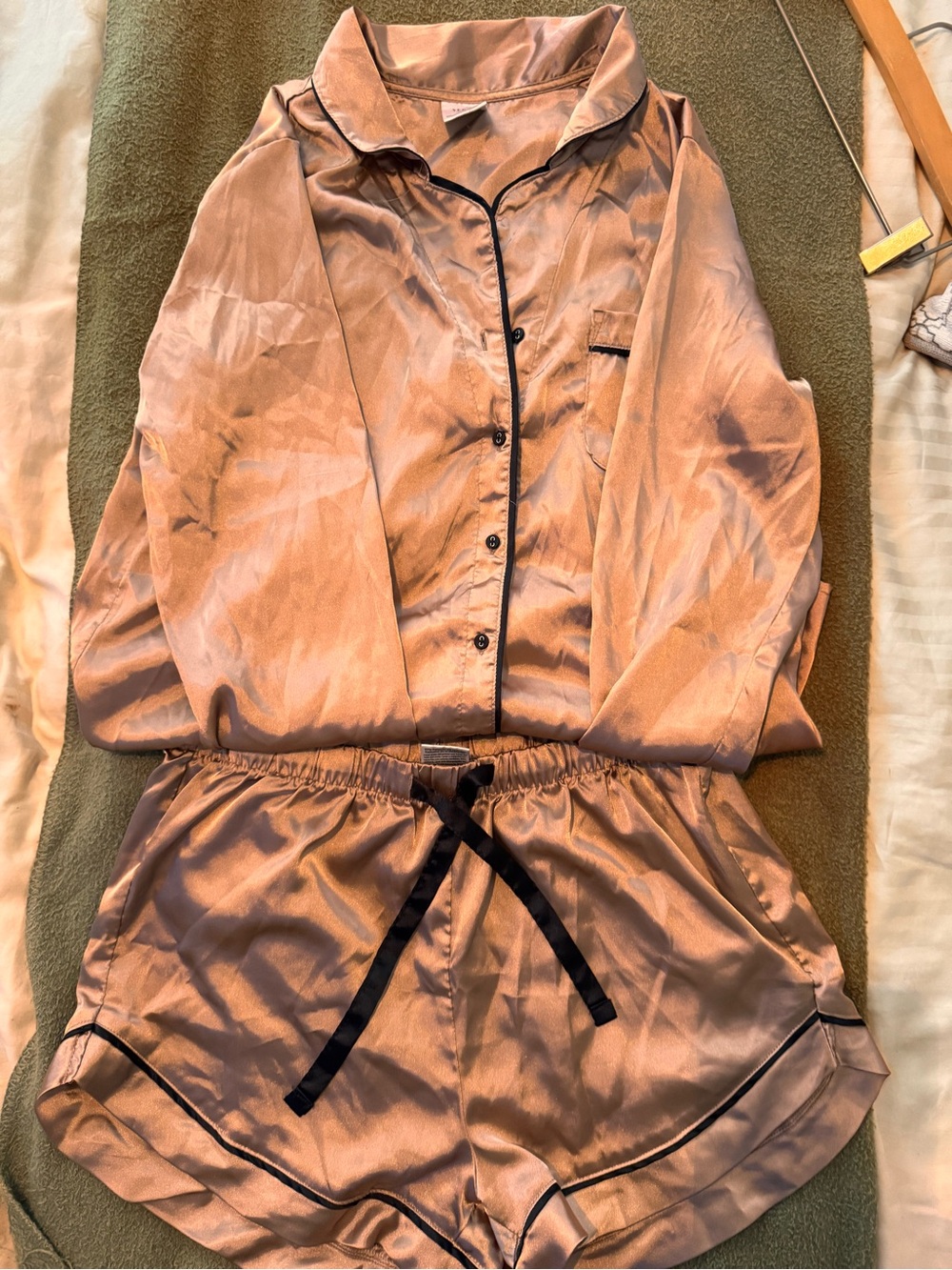 Serra Satin Taupe Pajama Set with Black Piping - Picture 2 of 11